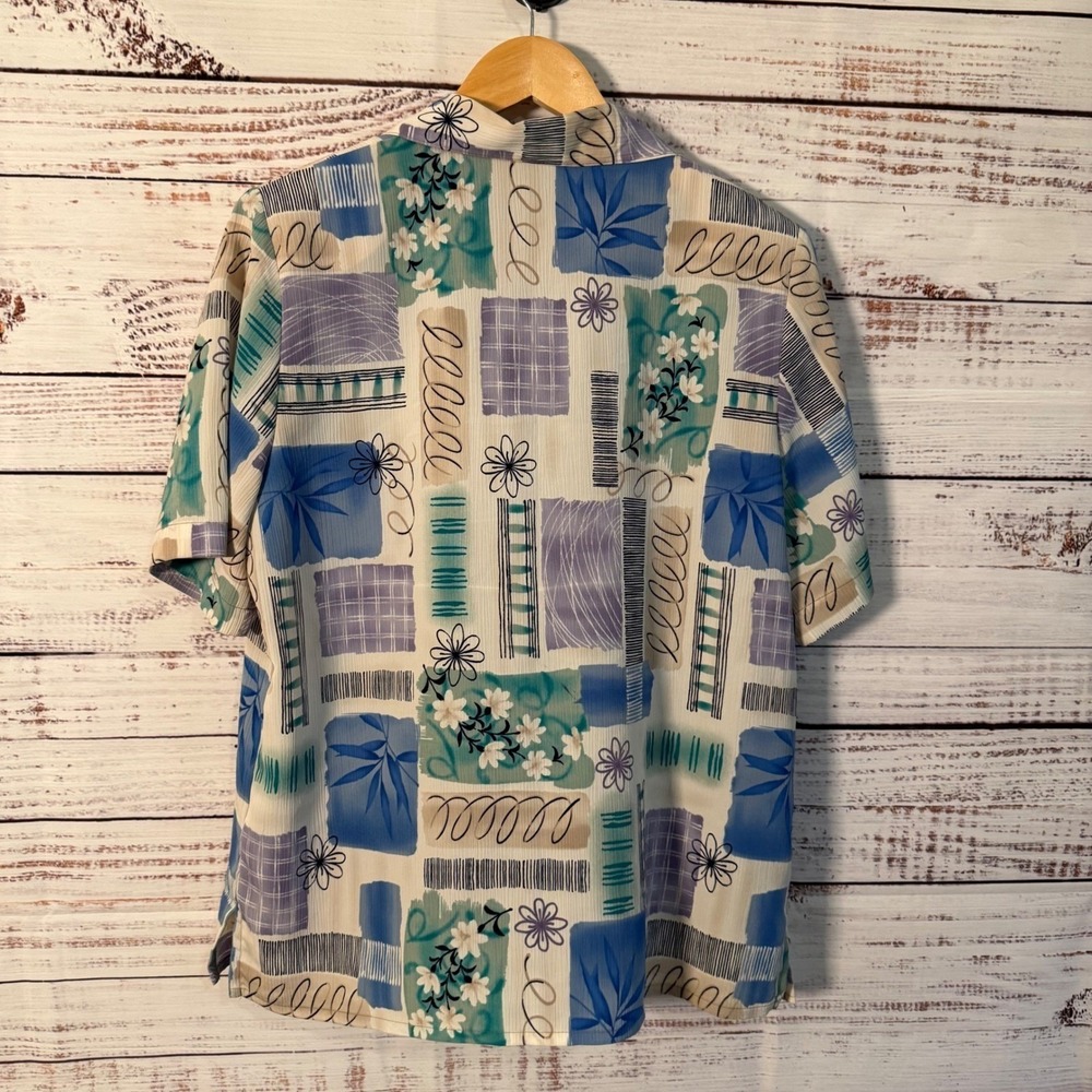 VTG Allison Daley‎ Button Down Shirt Womens 12 Blue Abstract Floral Short Sleeve - Picture 5 of 5